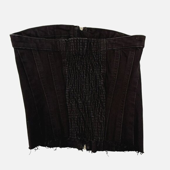 Zara Black Denim Corset Top Exposed Front Zipper Size XS Frayed Hem Strapless - Picture 5 of 9